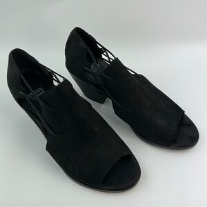 Eileen Fisher Women's Size 8 Black Leather Suede Lace Up Peep Toe Heeled Booties